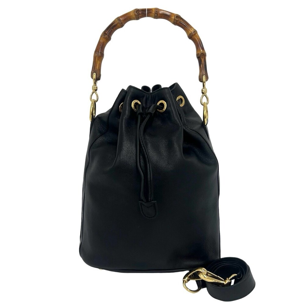 GUCCI Old Gucci Bamboo Leather 2-way Shoulder Bag Tote Handbag Black 38679